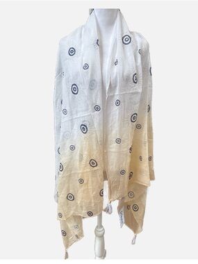 Rhea white to Beige Ombre hand painted navy blue and gold evil eye Wrap Scarf